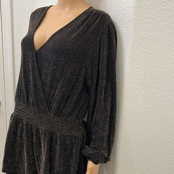 Michael Kors Womans Dress Sz 0X Bwown Gold VNeck Long Sleeve Ruffle Midi Stretch - Picture 4 of 11